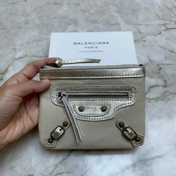 Balenciaga Paris Gold Leather Trim Card Coin Zip Holder Wallet - Picture 4 of 9